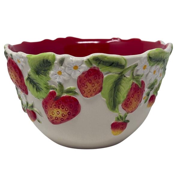 Temptations Strawberry 1.5 Qt Bowl Sculpted Embossed Red Interior Ceramic - Picture 1 of 4